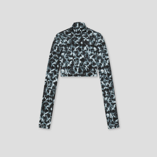 MULTI BLACK/WHITE PRINTED MOCK NECK LONG SLEEVED CROPPED T-SHIRT IN ORGANIC CUPRON JERSEY