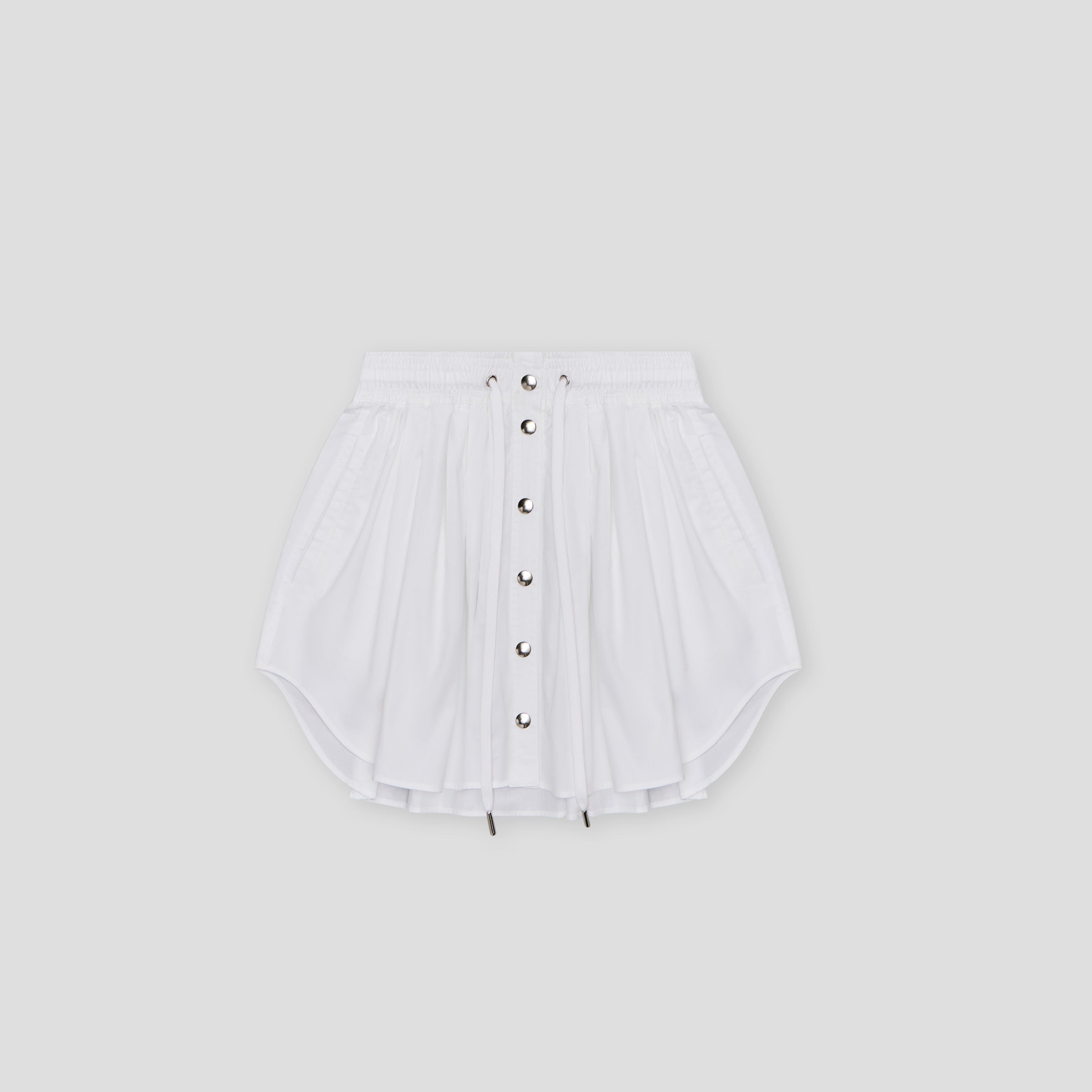 WHITE SNAP FRONT DRAWSTRING MINI SKIRT IN ORGANIC COTTON – Melbostad