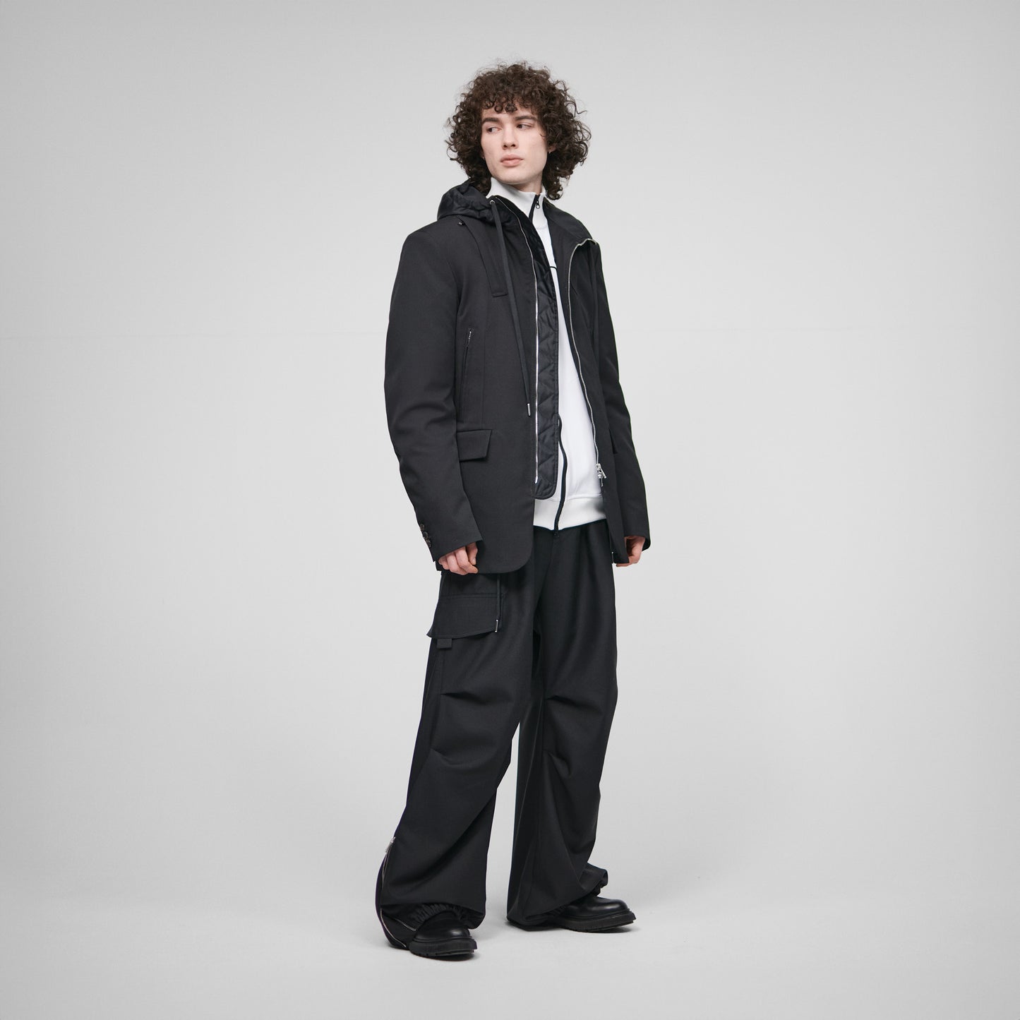 BLACK TAILORED HYBRID COMBO PARKA BLAZER IN STRUCTURED WOOL GABARDINE