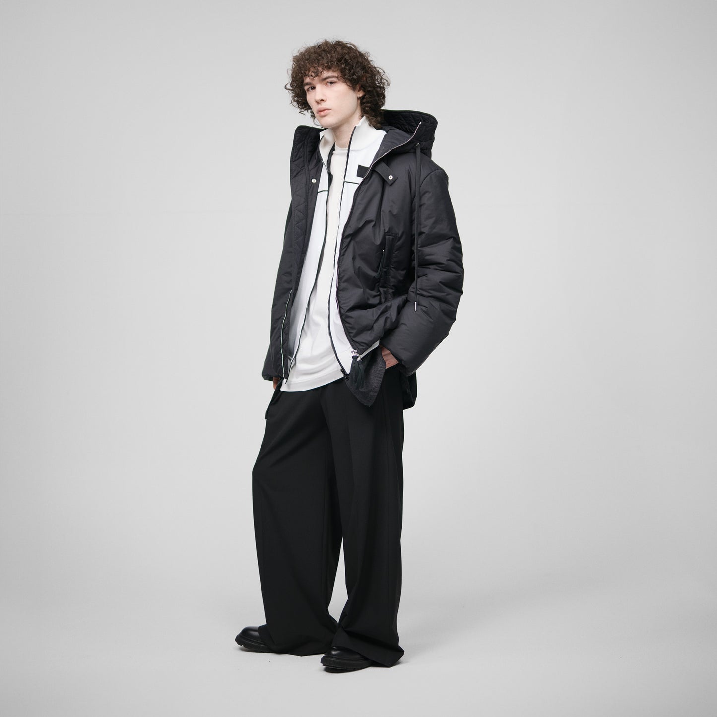 BLACK PADDED PARATROOPER JACKET IN RECYCLED NYLON POPLIN WITH WOOL FILLING