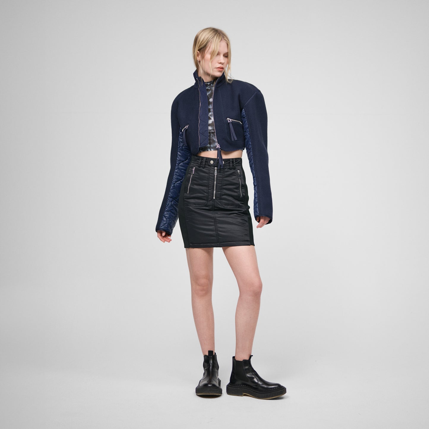 NAVY CROPPED JACKET IN RECYCLED WOOL/NYLON FLEECE JERSEY