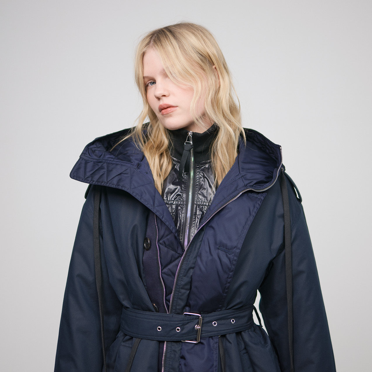 NAVY HYBRID AVIATOR PARKA TRENCH COAT IN RECYCLED NYLON/COTTON