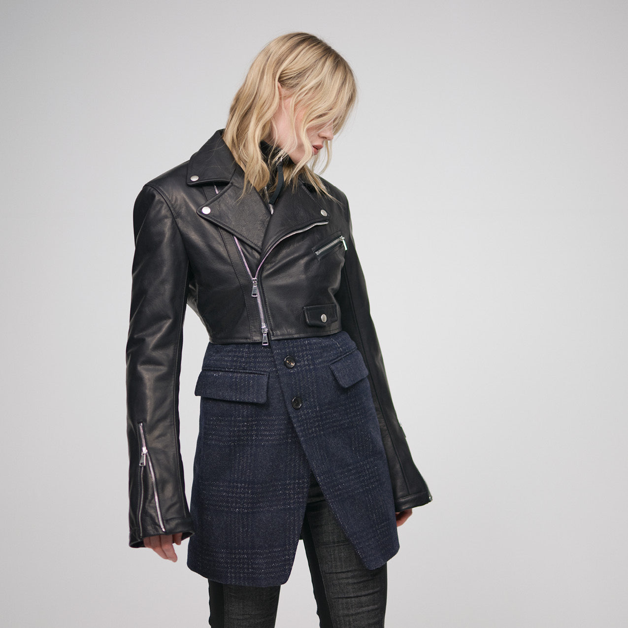 BLACK/CHARCOAL HYBRID BIKER BLAZER COAT IN CALF LEATHER AND WOOL TWEED CHECK