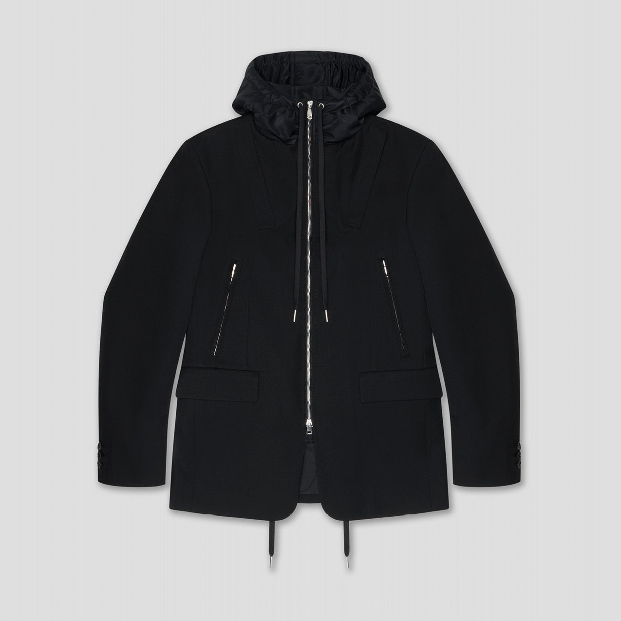 BLACK TAILORED HYBRID COMBO PARKA BLAZER IN STRUCTURED WOOL GABARDINE