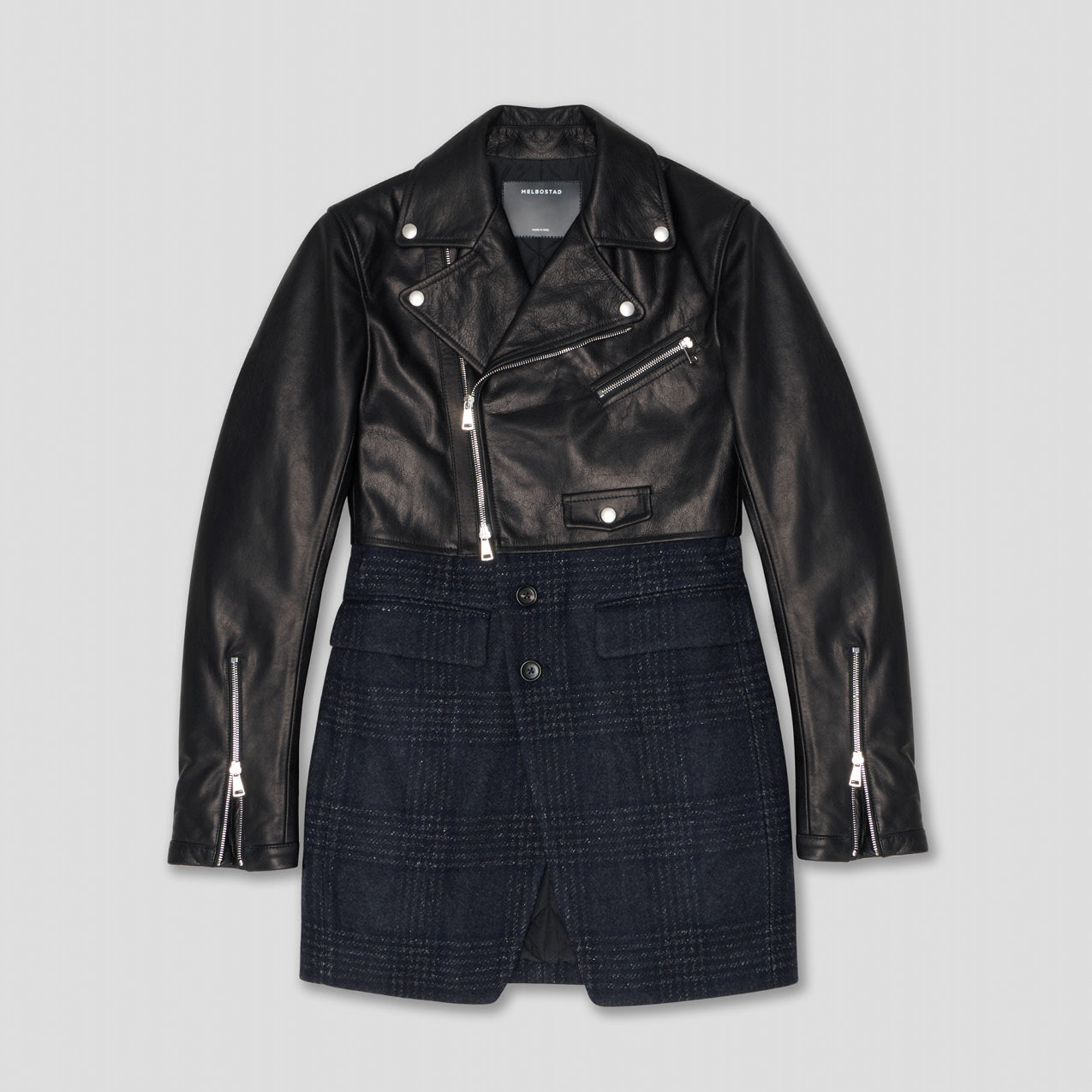 BLACK/CHARCOAL HYBRID BIKER BLAZER COAT IN CALF LEATHER AND WOOL TWEED CHECK