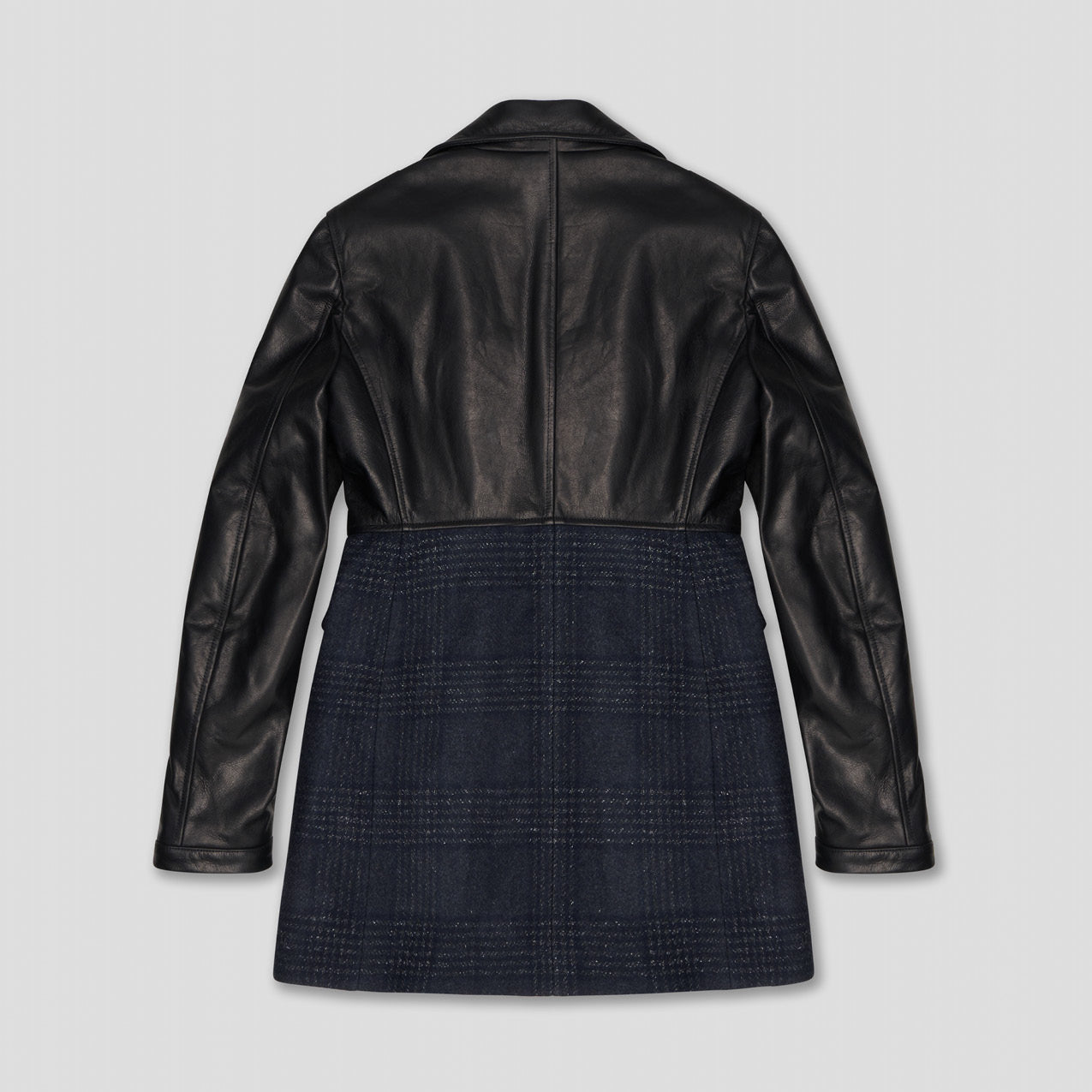 BLACK/CHARCOAL HYBRID BIKER BLAZER COAT IN CALF LEATHER AND WOOL TWEED CHECK