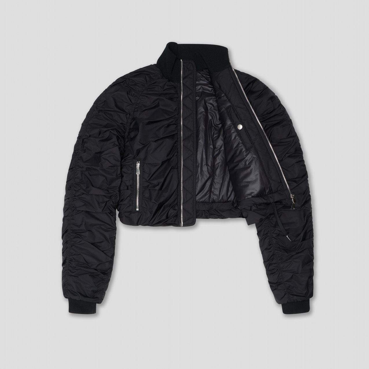 BLACK RUCHED CROPPED BOMBER IN RECYCLED NYLON