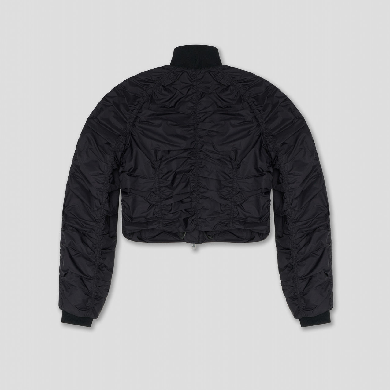 BLACK RUCHED CROPPED BOMBER IN RECYCLED NYLON