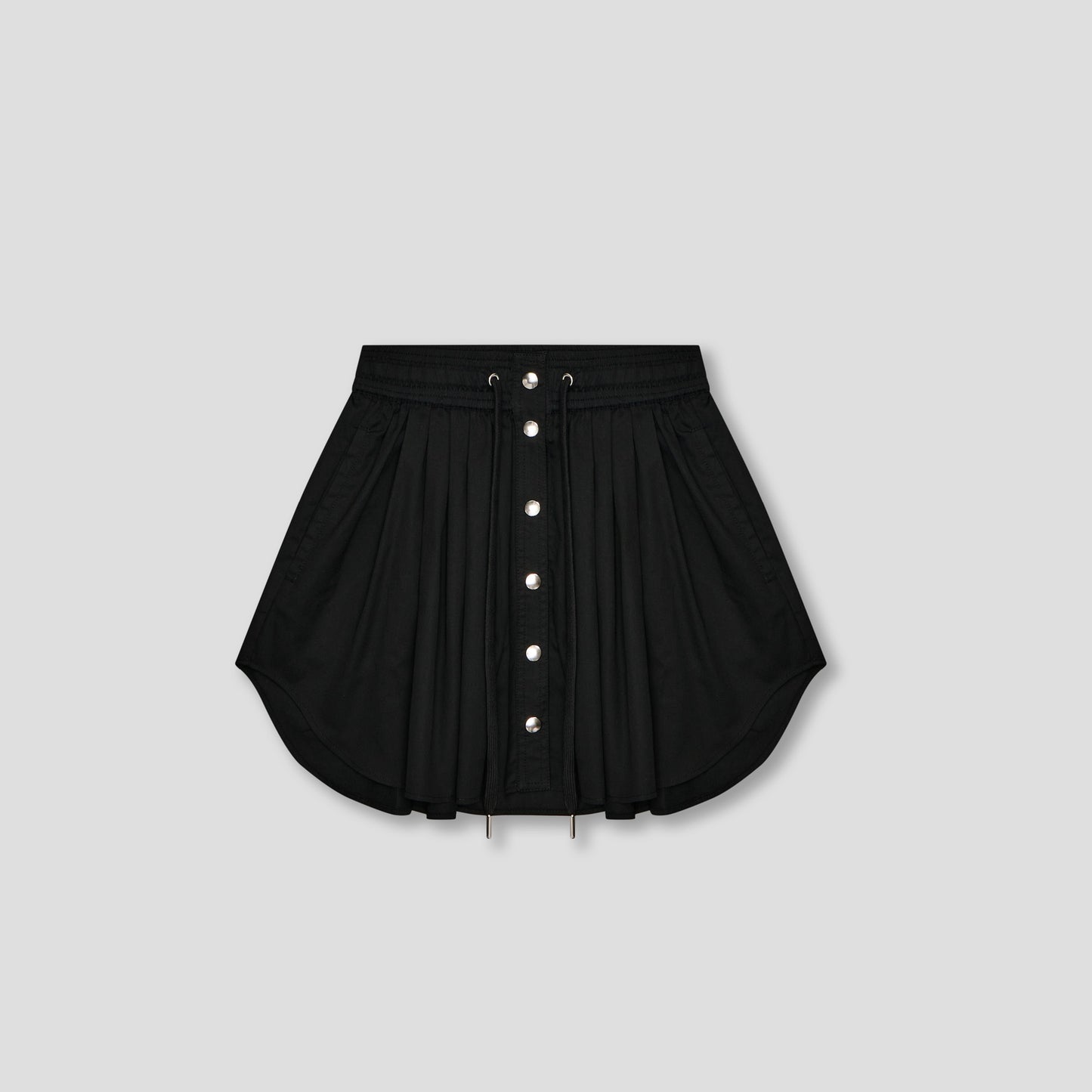 BLACK SNAP FRONT DRAWSTRING MINI SKIRT IN ORGANIC COTTON