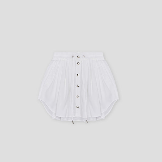 WHITE SNAP FRONT DRAWSTRING MINI SKIRT IN ORGANIC COTTON