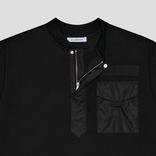 BLACK HENLEY T-SHIRT IN ORGANIC COTTON JERSEY